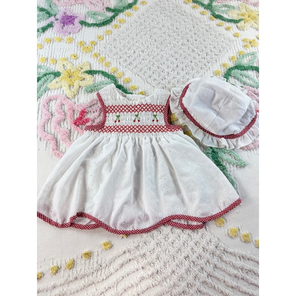 Little Bitty Baby Girl White Eyelet Cherry Smocked Dress and Bonnet Set 3-6M